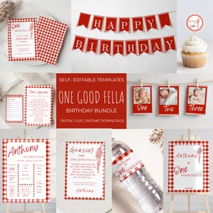 Könnte beinhalten: Eine Sammlung digitaler Geburtstagsparty-Vorlagen mit einem rot-weiß karierten Thema. Enthält Einladungen, Banner, Fotokarten und Wasserflaschenetiketten. Der Text lautet "One Good Fella" und "Happy Birthday".