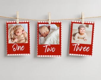 12 Month Photo Banner | Red Gingham First Birthday Decor | Little Don Monthly Milestone | Italian Deli Themed Party | Printable Baby Banner