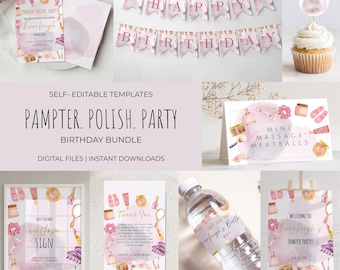 Pamper Polish Spa Party Bundle Editable in Canva | Invite, Signs, Tags, Banner, Toppers, Labels | Tween Girl Birthday Set