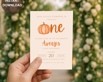 Convite de primeiro aniversário de abóbora pequena | Convite de aniversário de outono para menina ou menino | Modelo editável para festa de abóbora de outono | Download instantâneo