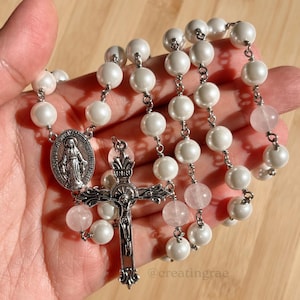 Handmade Pearl and Pink Rose Quartz Rosary, Catholic Rosary Gift for Communion Confirmation, Feminine Silver Rosary
