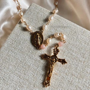 Handmade Freshwater Pearl and Pink Opal Rosary, Catholic Rosary Gift for First Communion Confirmation, Feminine Gold Rosary