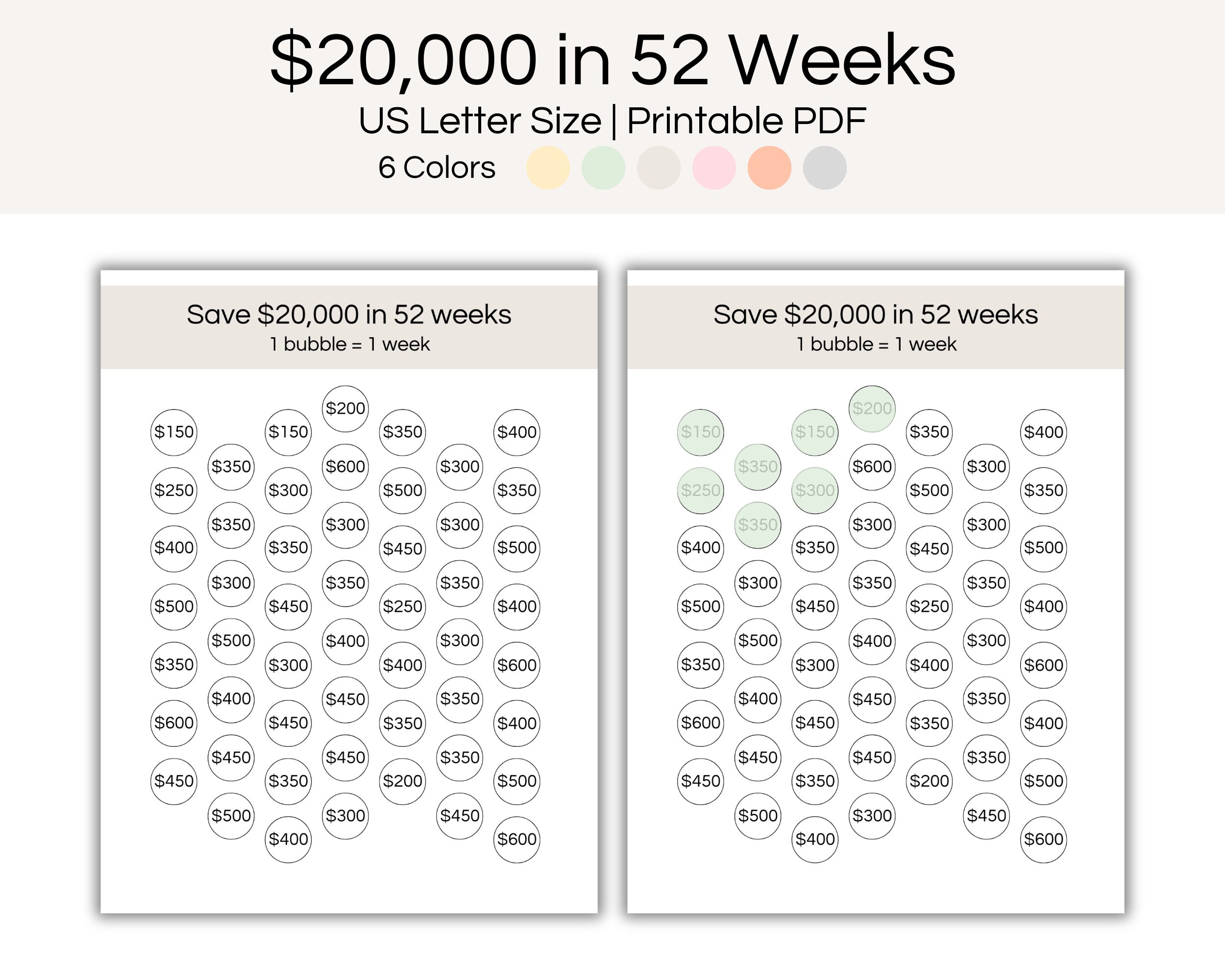 52 Week Cash Savings Challenge, 20k Savings Challenge, Weekly Savings ...