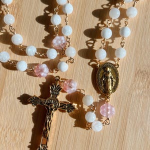 Handmade Moonstone and Pink Flower Beads Rosary, Catholic Rosary Gift for First Communion Confirmation, Feminine Gold Rosary