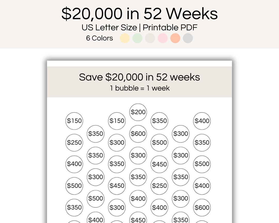 52 Week Cash Savings Challenge, 20k Savings Challenge, Weekly Savings ...
