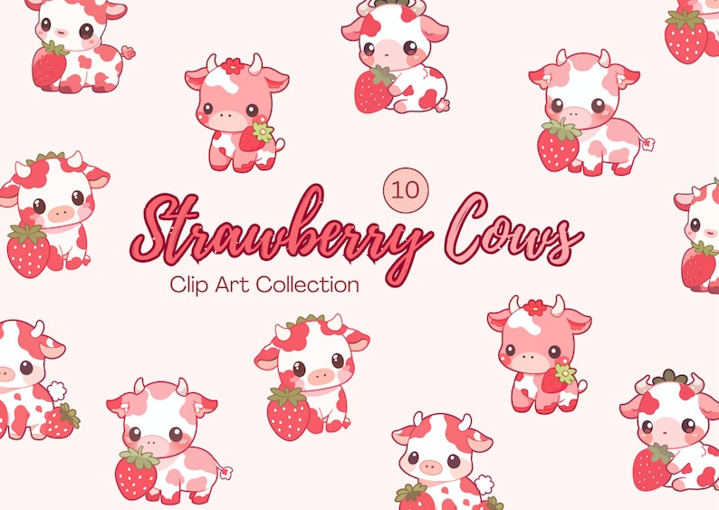 Cartoon Strawberry Cow Clipart Blueberry Cow Clipart Cute Kawaii Cow Clip Art Cow Stickers