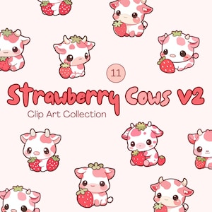 Strawberry Cow Clipart - Cute Kawaii Cartoon Cow Clip Art - Strawberry Cow Stickers - Téléchargement numérique instantané - PNG Bundle - Utilisation commerciale