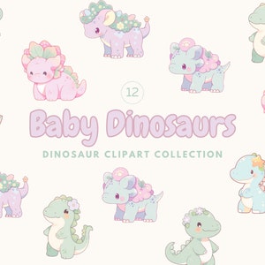 Cute Dinosaur Clipart - Floral Baby Dinosaur Stickers - Kawaii Dinosaur Nursery Décor - Dino Clipart - Instant Digital Download - PNG Bundle