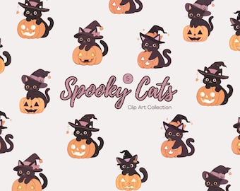 Pastel Halloween Clipart - schattige Halloween Clipart - Halloween digitale stickers - PNG digitale downloadbundel - zwarte kat clipart - DIY-kaart