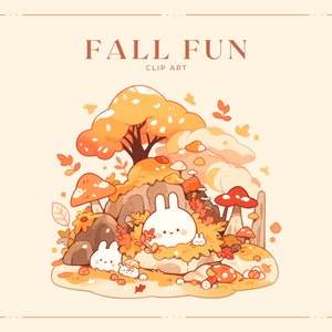 Kawaii Fall Clipart - Autumn Clipart - Forest Clipart - Autumn Décor - PNG Bundle - Téléchargement numérique - Cute Bunny Stickers - Fall Décor