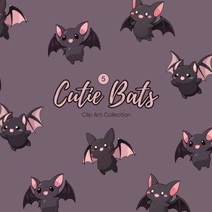 May include: A set of 5 clip art images featuring cute cartoon bats with pink wings and black bodies. The bats have big eyes and are smiling. The text "Cutie Bats Clip Art Collection" is written in pink and black.