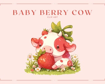 May include: A cartoon illustration of a baby cow with red and white spots. The cow is holding a large strawberry and has a strawberry on its head. The cow is surrounded by green grass and white flowers.