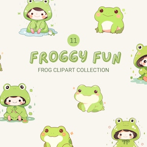 Cute Kawaii Frog Clipart - Pacchetto di download istantaneo PNG - Biglietto d'invito fai da te - Decorazione dell'asilo nido - Uso commerciale - Adesivi rana - Clipart rospo