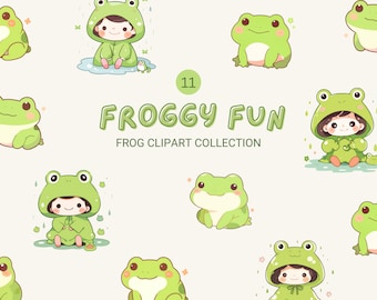 Cute Kawaii Frog Clipart - PNG Instant Download Bundle - DIY Invitation Card - Nursery Décor - Commercial Use - Frog Stickers - Toad Clipart