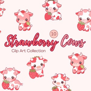Cartoon Strawberry Cow Clipart - Cute Kawaii Cow Clip Art - Strawberry Cow Stickers - Instant Digital Download - PNG Bundle - Commercial Use