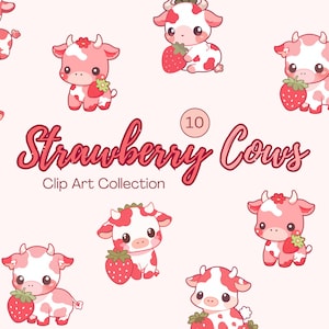 Dessin animé fraise vache Clipart - mignon Kawaii vache Clip Art - fraise vache autocollants - Téléchargement numérique instantané - PNG Bundle - usage Commercial