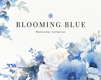Blue Watercolor Floral Clipart - Floral Clip Art - Blue Flower Stickers - Wedding Clipart - Botanical Clipart - PNG Bundle - Commercial Use
