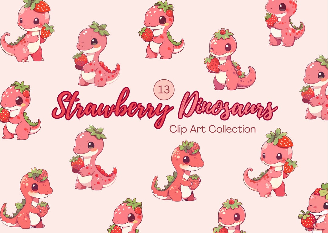 Cute Dinosaur Clipart Cartoon Strawberry Dinosaur Clipart Kawaii Dinosaur Décor Strawberry