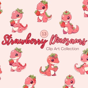 Clipart de dinosaure mignon - Clipart de dinosaure aux fraises de dessin animé - Décor de dinosaure Kawaii - Autocollants de fraise - Téléchargement numérique instantané PNG