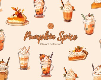 パンプキン スパイス クリップアート PNG - 秋のコーヒー クリップアート - かわいい秋のクリップアート - パンプキン スパイス ステッカー - 秋の装飾 - DIY カード - パンプキン スパイス マグカップ