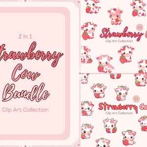 Strawberry Cow Clipart Bundle - Cute Kawaii Cartoon Cow Clip Art - Strawberry Cow Stickers - Instant Digital Download - PNG - Commercial Use