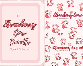 May include: A digital clipart bundle featuring 21 illustrations of cartoon cows with strawberry accents. The illustrations are in a pink and white color scheme and are labeled "Strawberry Cows" and "Strawberry Cows V2".