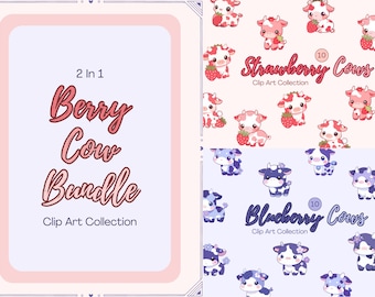 May include: A digital clip art collection featuring 20 illustrations of cute cartoon cows with strawberry and blueberry designs. The text "Strawberry Cows" and "Blueberry Cows" are included in the image.