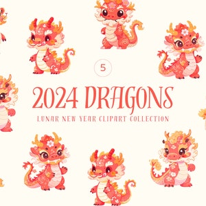 Dragon Lunar New Year 2024 - Cute Kawaii Dragon Clipart - Jaar van de Draak - Chinees Nieuwjaar - Dragon Stickers - PNG Bundel - Digitale DIY