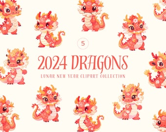 Dragon Lunar New Year 2024 - Cute Kawaii Dragon Clipart - Year Of The Dragon - Chinese New Year - Dragon Stickers - PNG Bundle - Digital DIY