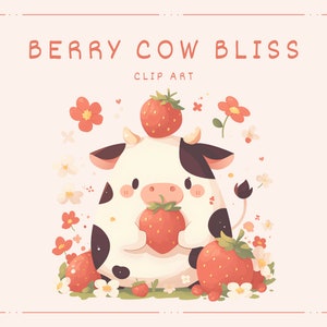 Clipart vache fraise - clipart vache mignonne Kawaii - Stickers vache fraise dessin animé - téléchargement numérique instantané - Bundle PNG - usage Commercial