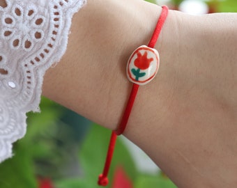 Tulip bead,flower bead bracelet,red satin cord bracelet,love,wish,friendship,family bracelet,gift birthday, anniversary bracelet, minimalist