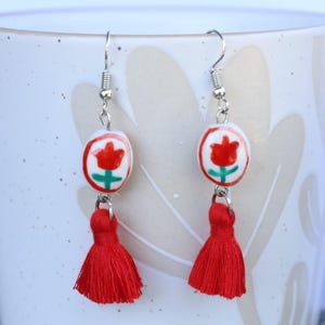 Tulip bead earring red tassel boho style hook earrings La Tulipe earrings