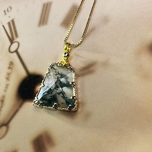 Natural Moss Agate Geometric Pendant Necklace, 18K Gold Plated Necklace, Healing Pendant, Gift for Her