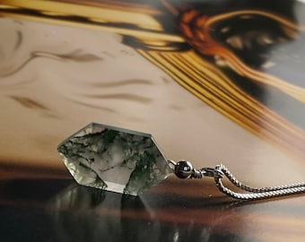 Handmade Moss Agate Prism Necklace: Nature Inspired Jewelry