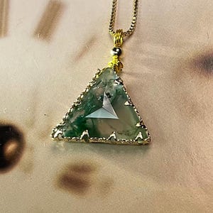 Natural Moss Agate Triangle Gemstone Faceted Pendant, 18K Gold Plated Necklace, Healing Pendant, Gift for Her
