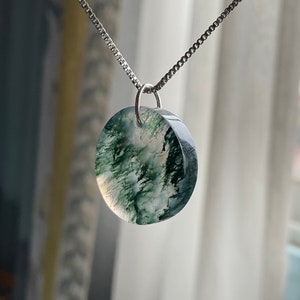 Natural moss agate jewelry, round pendant necklace, healing pendant, gift for her
