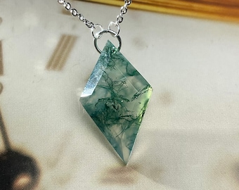 Moss Agate Diamond Pendant Necklace, Nature Inspired Green Gemstone Jewelry