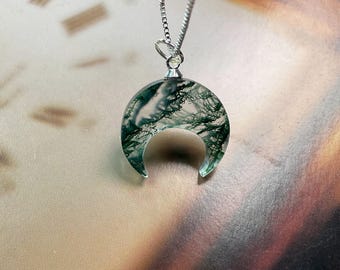 Moss Agate Crescent Moon Pendant: Spiritual Necklace
