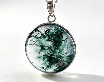Natural Moss Agate Pendant Necklace, Sterling Silver Moss Agate Jewelry, Round Green Moss Agate Necklace, Nature Inspired Gift for Women