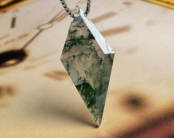 Raw Moss Agate Necklace, Geometric Kite Pendant, Frameless Crystal Necklace, Handmade Witchy Jewelry,  14K Gold Plated, Silver Chain
