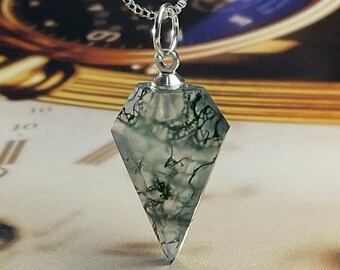 Hand Cut Moss Agate Pendant: 925 Sterling Silver Arrow Necklace