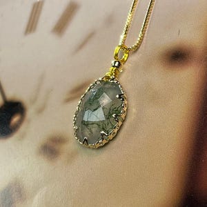 Natural Moss Agate Oval Gemstone Faceted Pendant, 18K Gold Plated Necklace, Healing Pendant, Gift for Her