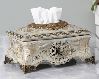 Luxury Ceramic Tissue Box with Gold Detailing – Antique Style Decorative Tissue Holder