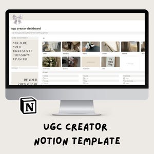 Può includere: Uno schermo di computer che mostra una dashboard di Notion con il testo "ugc creator dashboard" e "visualize your highest self then show up as her". La dashboard è divisa in sezioni con diverse intestazioni, tra cui "admin", "marketing", "finance", "content", "timetables" e "vault". Ci sono anche immagini in ogni sezione. Lo schermo è su uno sfondo bianco.