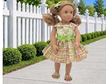 Green Scrolls over Plaid for 18" Dolls