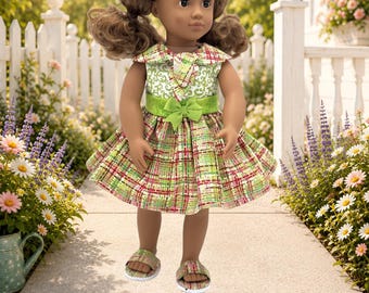 Doll Dress "Green Scrolls over Plaid" for 18" Dolls
