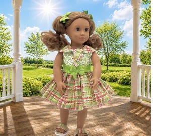 Green Scrolls over Plaid doll dress for 18" Dolls