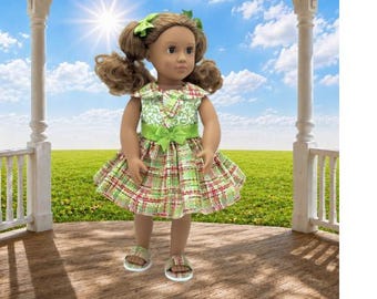 Green Scrolls over Plaid doll dress for 18" Dolls