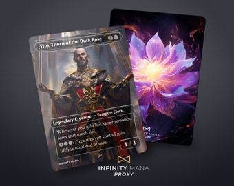 May include: A Magic: The Gathering card featuring Vito, Thorn of the Dusk Rose, a legendary creature with a 1/3 power and toughness. The card has a black and red background with a portrait of Vito in the center. The card text reads "Whenever you gain life, target opponent loses that much life. 3: Creatures you control gain lifelink until end of turn."