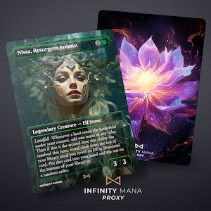 May include: A Magic: The Gathering card proxy featuring Nissa, Resurgent Animist, a green and white legendary creature card with a 3/3 power and toughness. The card art depicts a woman with a crown of leaves and flowers, surrounded by a forest.